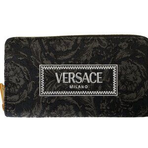 Versace Women's Black Logo Embroidery Jacquard Zip Around Wallet